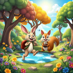 An animated scene depicting a lively forest filled with vibrant, exaggerated trees and cartoonish animals playing together
