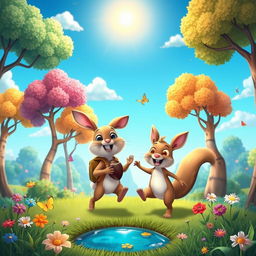 An animated scene depicting a lively forest filled with vibrant, exaggerated trees and cartoonish animals playing together
