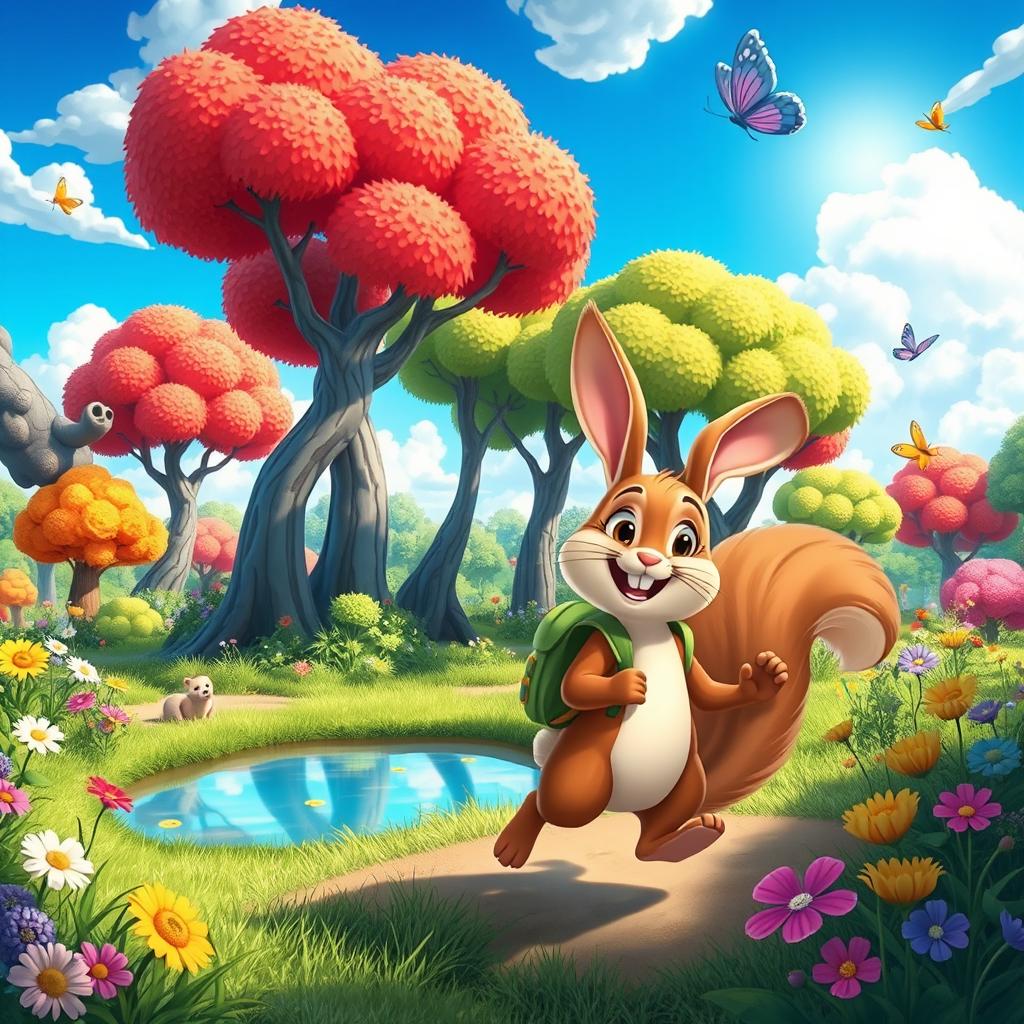 An animated scene depicting a lively forest filled with vibrant, exaggerated trees and cartoonish animals playing together