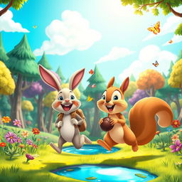 An animated scene depicting a lively forest filled with vibrant, exaggerated trees and cartoonish animals playing together