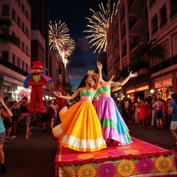 Women dancing on a colorful 7th float, wearing traditional Cuban dresses