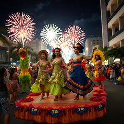 Women dancing on a colorful 7th float, wearing traditional Cuban dresses