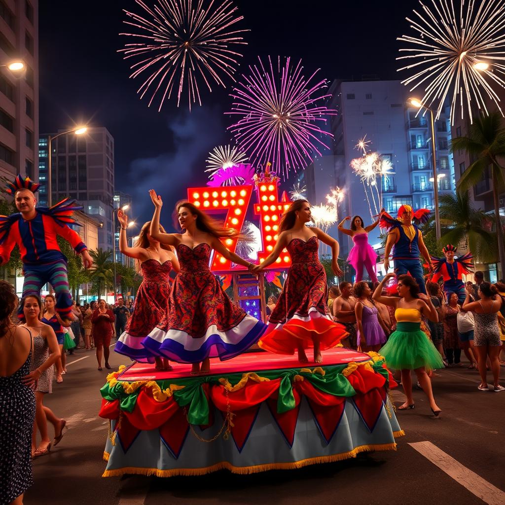 Women dancing on a colorful 7th float, wearing traditional Cuban dresses