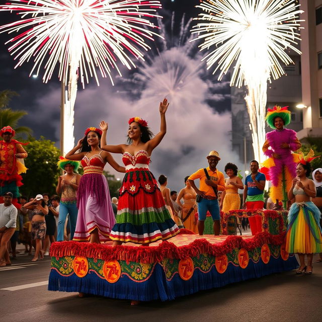 Women dancing on a colorful 7th float, wearing traditional Cuban dresses