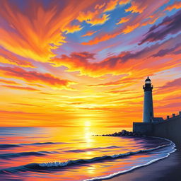 A stunning landscape painting of a sunset over the sea, featuring vibrant hues of orange, yellow, and violet blending beautifully in the sky