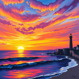 A stunning landscape painting of a sunset over the sea, featuring vibrant hues of orange, yellow, and violet blending beautifully in the sky