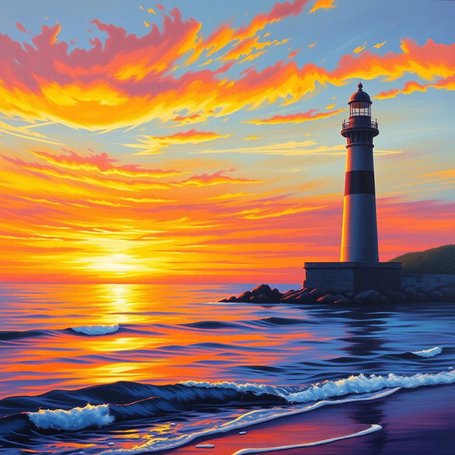 A stunning landscape painting of a sunset over the sea, featuring vibrant hues of orange, yellow, and violet blending beautifully in the sky