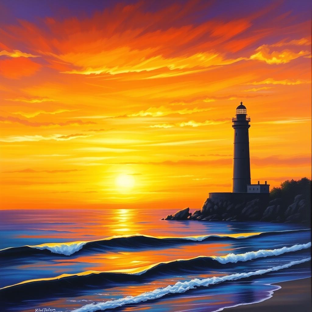 A stunning landscape painting of a sunset over the sea, featuring vibrant hues of orange, yellow, and violet blending beautifully in the sky