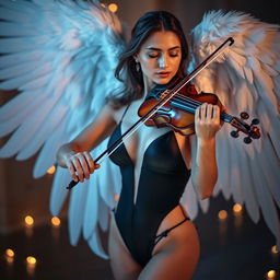 A beautiful woman with angelic wings gracefully playing the violin, fully immersed in the music she creates, with her eyes closed