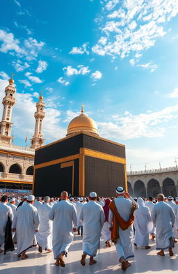 A serene scene depicting the Umrah pilgrimage during the month of Sha'ban, showcasing pilgrims in traditional white Ihram garments, walking gracefully around the Kaaba in the Masjid al-Haram, with a vibrant blue sky overhead and the atmosphere filled with spiritual energy