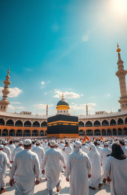 A serene scene depicting the Umrah pilgrimage during the month of Sha'ban, showcasing pilgrims in traditional white Ihram garments, walking gracefully around the Kaaba in the Masjid al-Haram, with a vibrant blue sky overhead and the atmosphere filled with spiritual energy