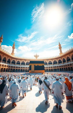 A serene scene depicting the Umrah pilgrimage during the month of Sha'ban, showcasing pilgrims in traditional white Ihram garments, walking gracefully around the Kaaba in the Masjid al-Haram, with a vibrant blue sky overhead and the atmosphere filled with spiritual energy