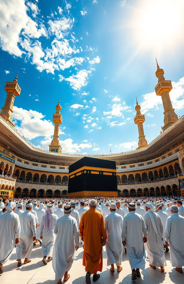 A serene scene depicting the Umrah pilgrimage during the month of Sha'ban, showcasing pilgrims in traditional white Ihram garments, walking gracefully around the Kaaba in the Masjid al-Haram, with a vibrant blue sky overhead and the atmosphere filled with spiritual energy