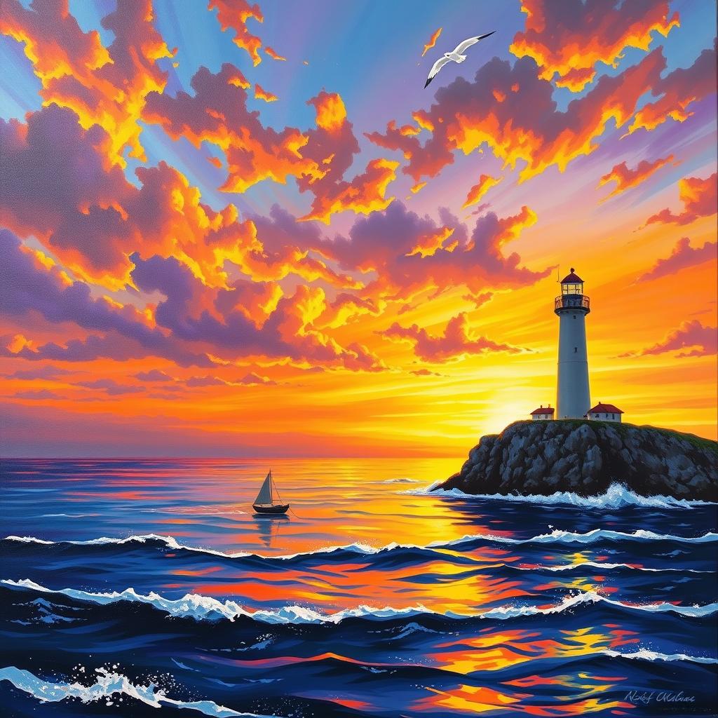 A breathtaking sunset landscape painting featuring vibrant colors of orange, yellow, and violet reflecting on the serene sea