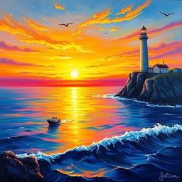 A breathtaking sunset landscape painting featuring vibrant colors of orange, yellow, and violet reflecting on the serene sea