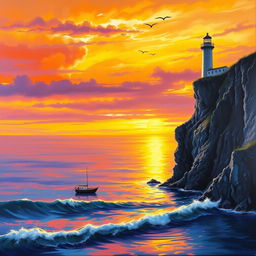 A breathtaking sunset landscape painting featuring vibrant colors of orange, yellow, and violet reflecting on the serene sea