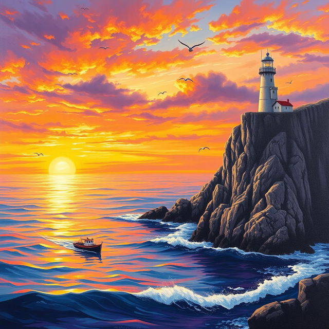 A breathtaking sunset landscape painting featuring vibrant colors of orange, yellow, and violet reflecting on the serene sea