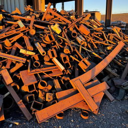 A collection of rusty and corroded iron waste piled together, showcasing a variety of shapes and textures