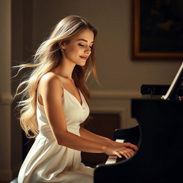 A graceful female pianist wearing a simple white dress, her long hair flowing elegantly as she plays the piano softly with full expression