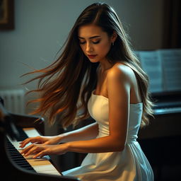 A graceful female pianist wearing a simple white dress, her long hair flowing elegantly as she plays the piano softly with full expression