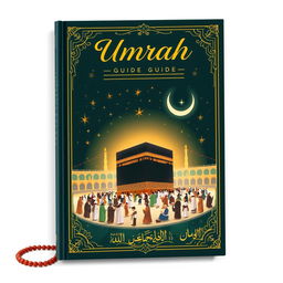 An illustrative book cover for a guide on Umrah, featuring rich Islamic motifs and calligraphy