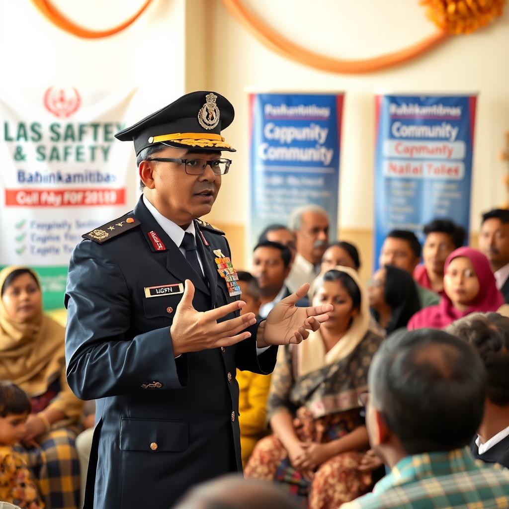 A professional and engaging scene featuring a Bhabinkamtibmas officer giving a speech or address to a community gathering