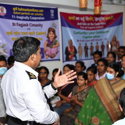 A professional and engaging scene featuring a Bhabinkamtibmas officer giving a speech or address to a community gathering