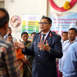 A professional and engaging scene featuring a Bhabinkamtibmas officer giving a speech or address to a community gathering