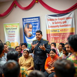 A professional and engaging scene featuring a Bhabinkamtibmas officer giving a speech or address to a community gathering