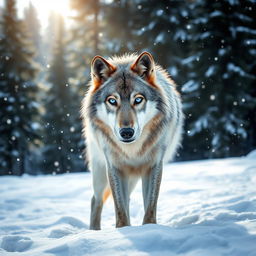 A majestic wolf standing in a snowy landscape, its thick furry coat blending beautifully with the white snow