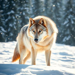 A majestic wolf standing in a snowy landscape, its thick furry coat blending beautifully with the white snow