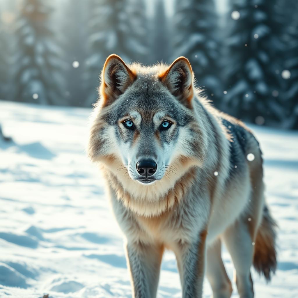 A majestic wolf standing in a snowy landscape, its thick furry coat blending beautifully with the white snow