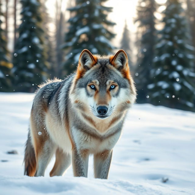 A majestic wolf standing in a snowy landscape, its thick furry coat blending beautifully with the white snow