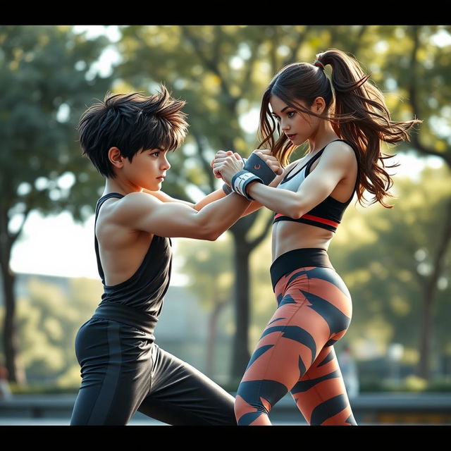 A dramatic scene depicting a beautiful boy with striking features engaged in a friendly sparring match with a pretty girl