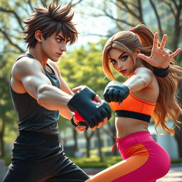 A dramatic scene depicting a beautiful boy with striking features engaged in a friendly sparring match with a pretty girl