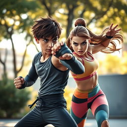 A dramatic scene depicting a beautiful boy with striking features engaged in a friendly sparring match with a pretty girl