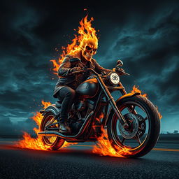 A dramatic scene featuring a powerful Ghost Rider character, showcasing a flaming skull head and a leather jacket, riding a motorcycle engulfed in flames against a night sky filled with swirling storm clouds