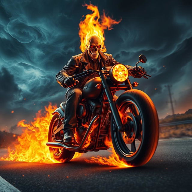 A dramatic scene featuring a powerful Ghost Rider character, showcasing a flaming skull head and a leather jacket, riding a motorcycle engulfed in flames against a night sky filled with swirling storm clouds