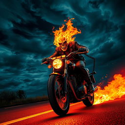 A dramatic scene featuring a powerful Ghost Rider character, showcasing a flaming skull head and a leather jacket, riding a motorcycle engulfed in flames against a night sky filled with swirling storm clouds