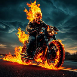 A dramatic scene featuring a powerful Ghost Rider character, showcasing a flaming skull head and a leather jacket, riding a motorcycle engulfed in flames against a night sky filled with swirling storm clouds
