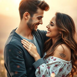 A passionate scene between a beautiful young man and a pretty young woman, both of them deeply connected and radiant with joy