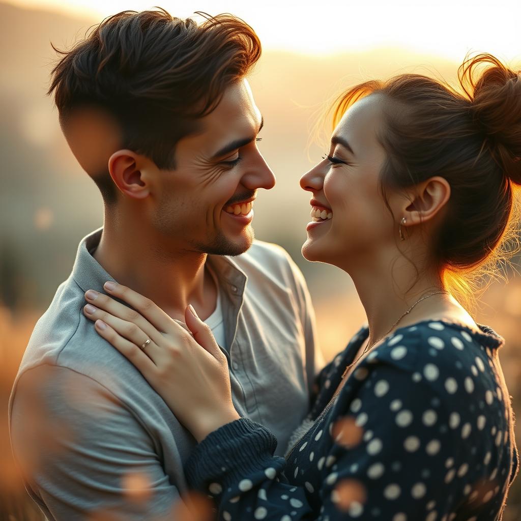 A passionate scene between a beautiful young man and a pretty young woman, both of them deeply connected and radiant with joy