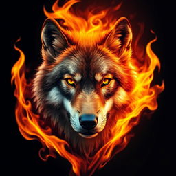 A striking and dramatic image of a wolf's face emerging from vibrant flames