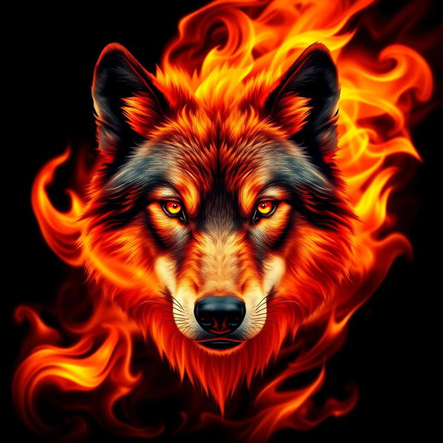 A striking and dramatic image of a wolf's face emerging from vibrant flames