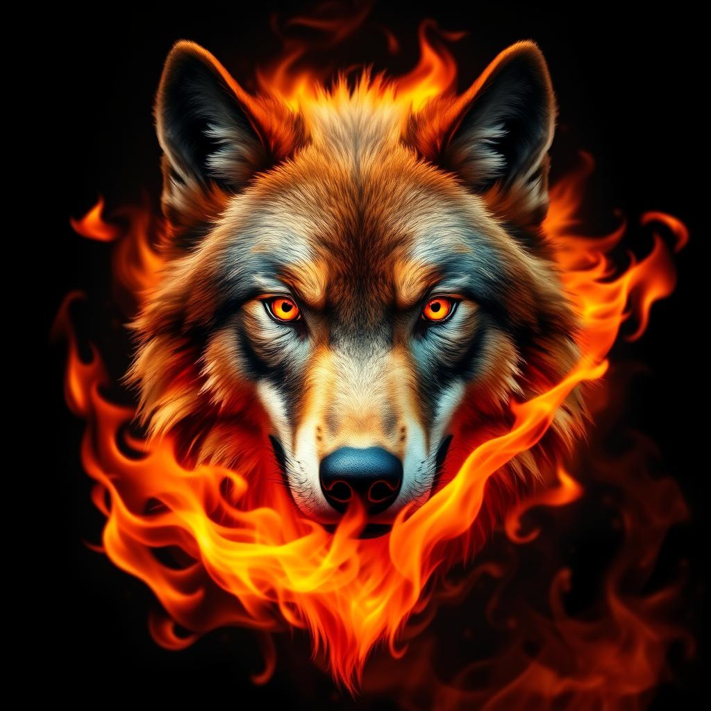 A striking and dramatic image of a wolf's face emerging from vibrant flames