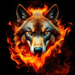 A striking and dramatic image of a wolf's face emerging from vibrant flames