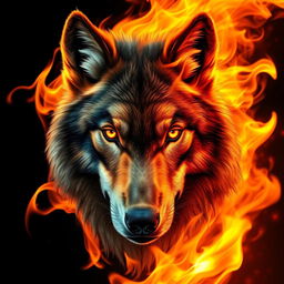 A striking and dramatic image of a wolf's face emerging from vibrant flames