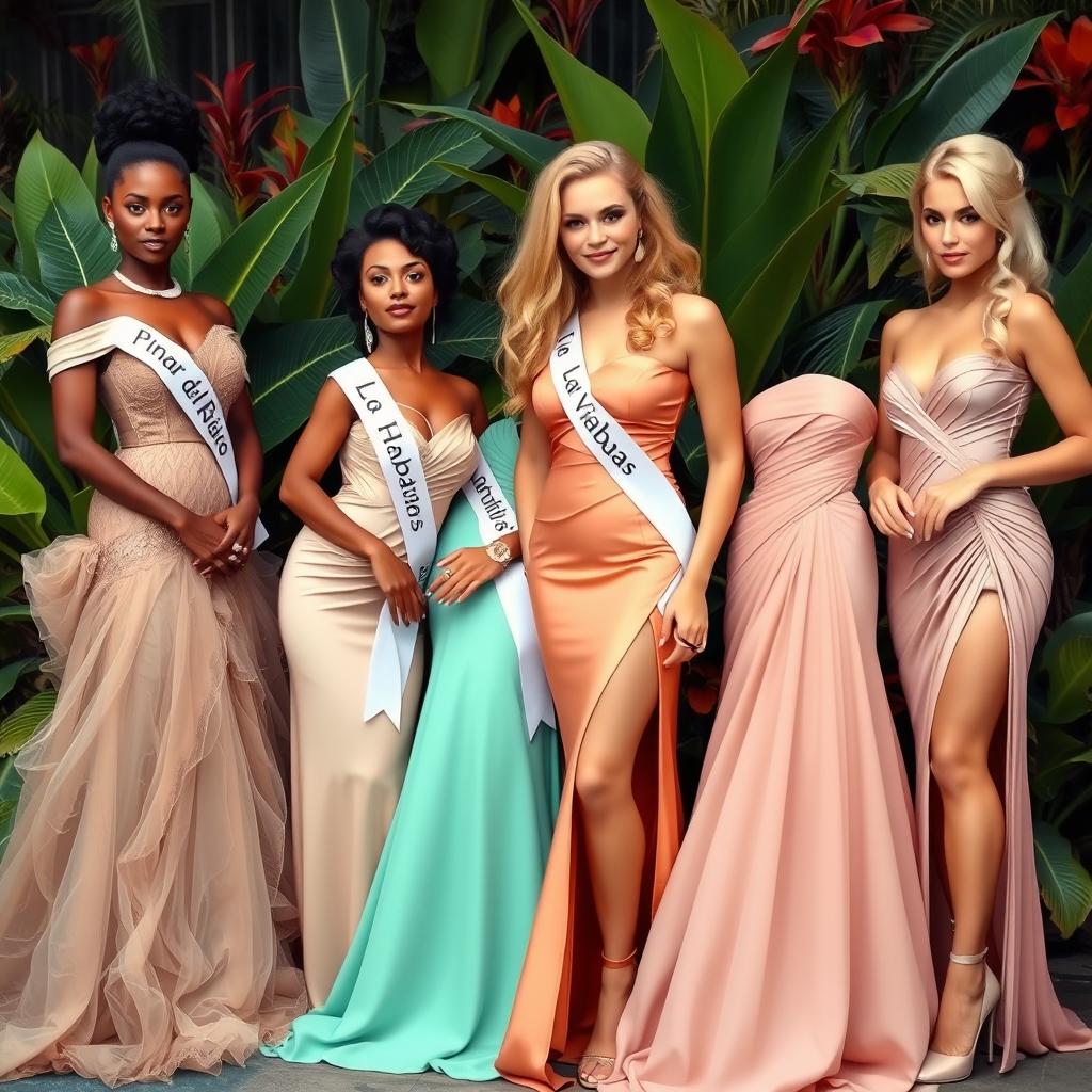 A stunning scene featuring four elegant women representing different regions of Cuba