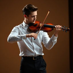 A handsome male violinist wearing a long-sleeved white shirt and black pants, exuding a manly presence with neatly styled hair