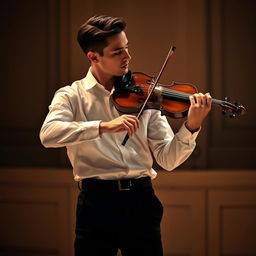 A handsome male violinist wearing a long-sleeved white shirt and black pants, exuding a manly presence with neatly styled hair